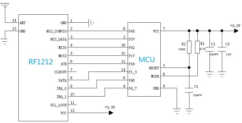 Application circuit of 20mW SX1212-Based FSK Module RF1212