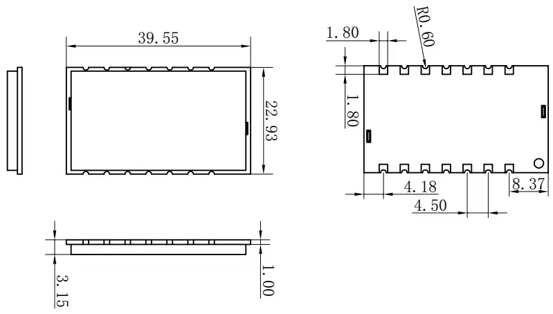 Mechanical dimensions of wireless UART LoRa module LoRaStar610