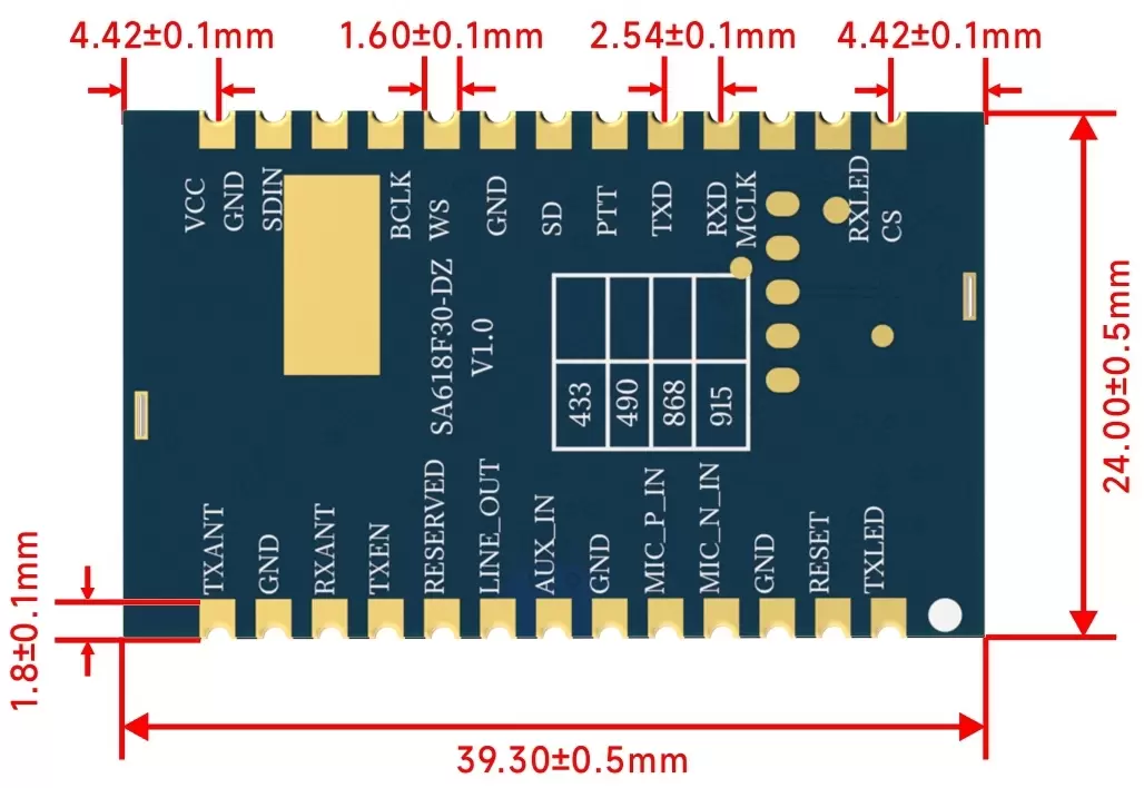 Mechanical dimensions of wireless audio module SA618F30-DZ