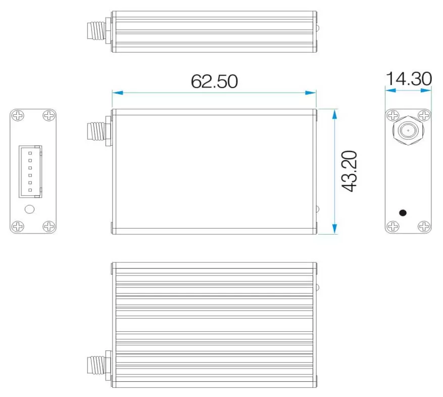 Mechanical dimensions of long-range wireless RF modem SV652 in aluminum housing.