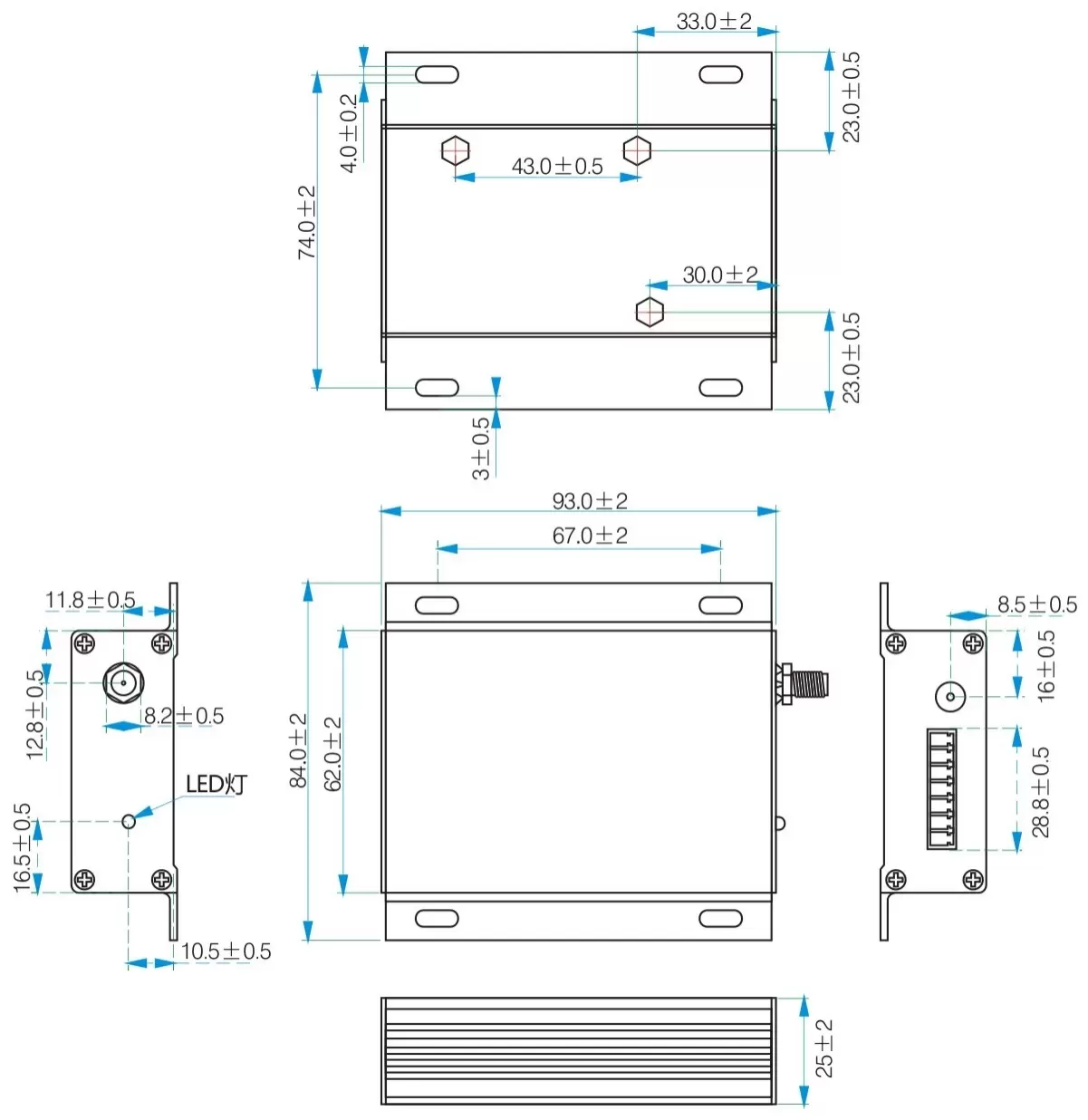 Mechanical dimensions of 3W Industrial RF Modem SV6300 