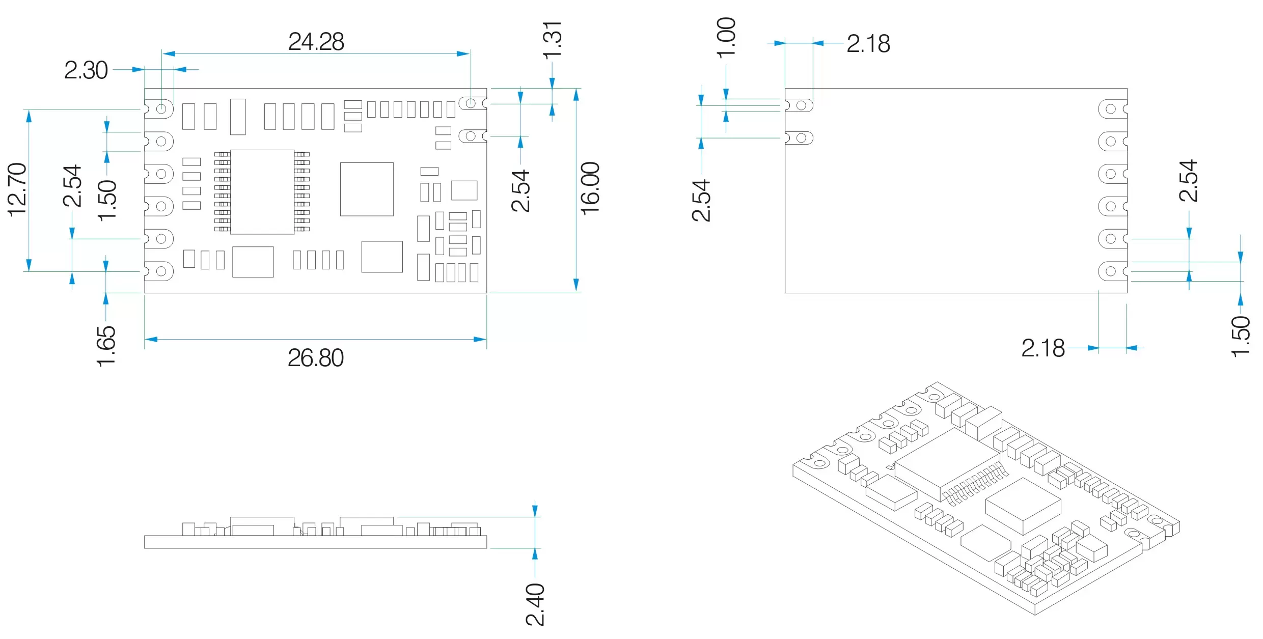 Mechanical dimensions of Mesh Network Uart RF wireless modules SV610