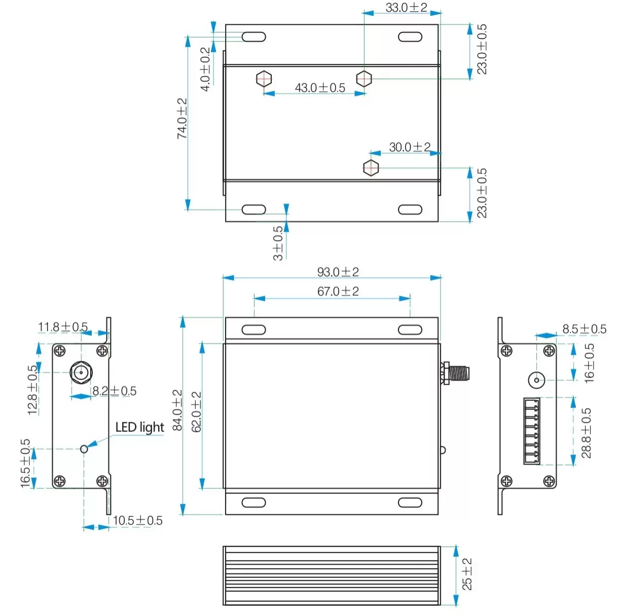 Mechanical dimensions of Mesh Network Uart RF wireless modules SV6300/6500