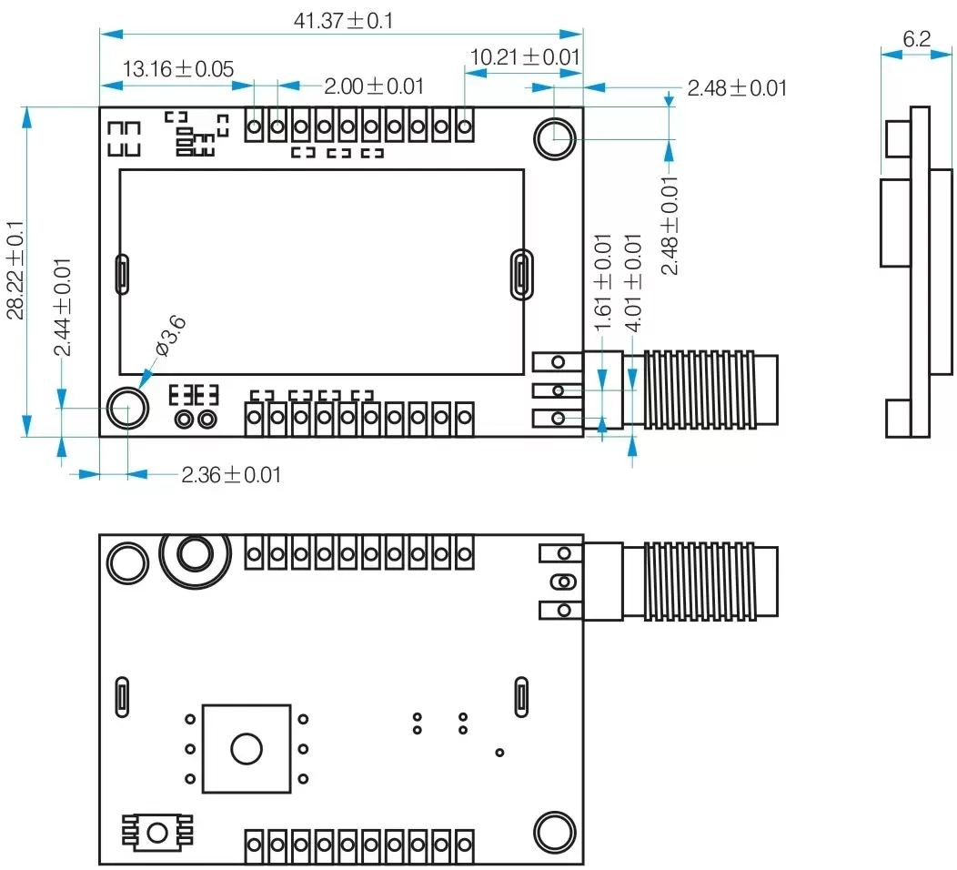 Mechanical dimensions of 1.5W full-featured miniature walkie talkie module SA828