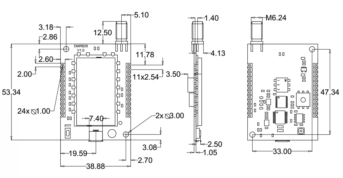 Mechanical dimensions of wireless module DMR828S.
