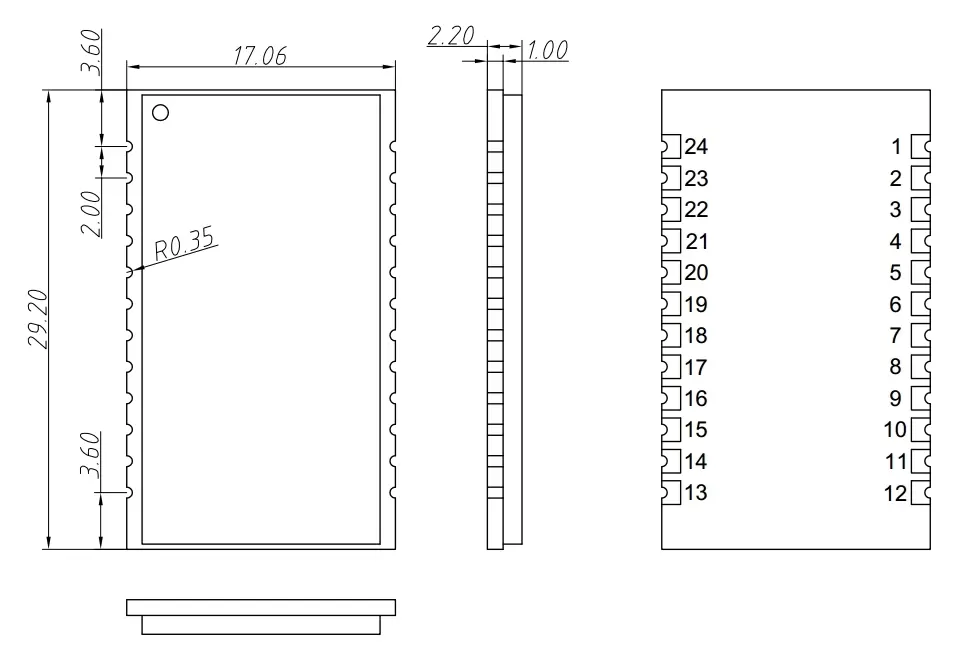 Mechanical dimensions of LoRaWan gateway node module LN610