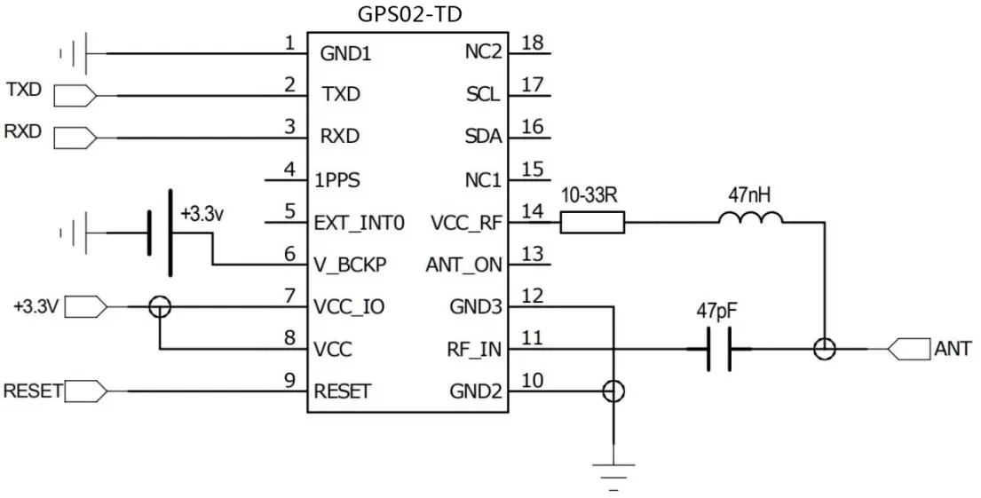 Circuit connection diagram of the active antenna for GPS module GPS02-TD