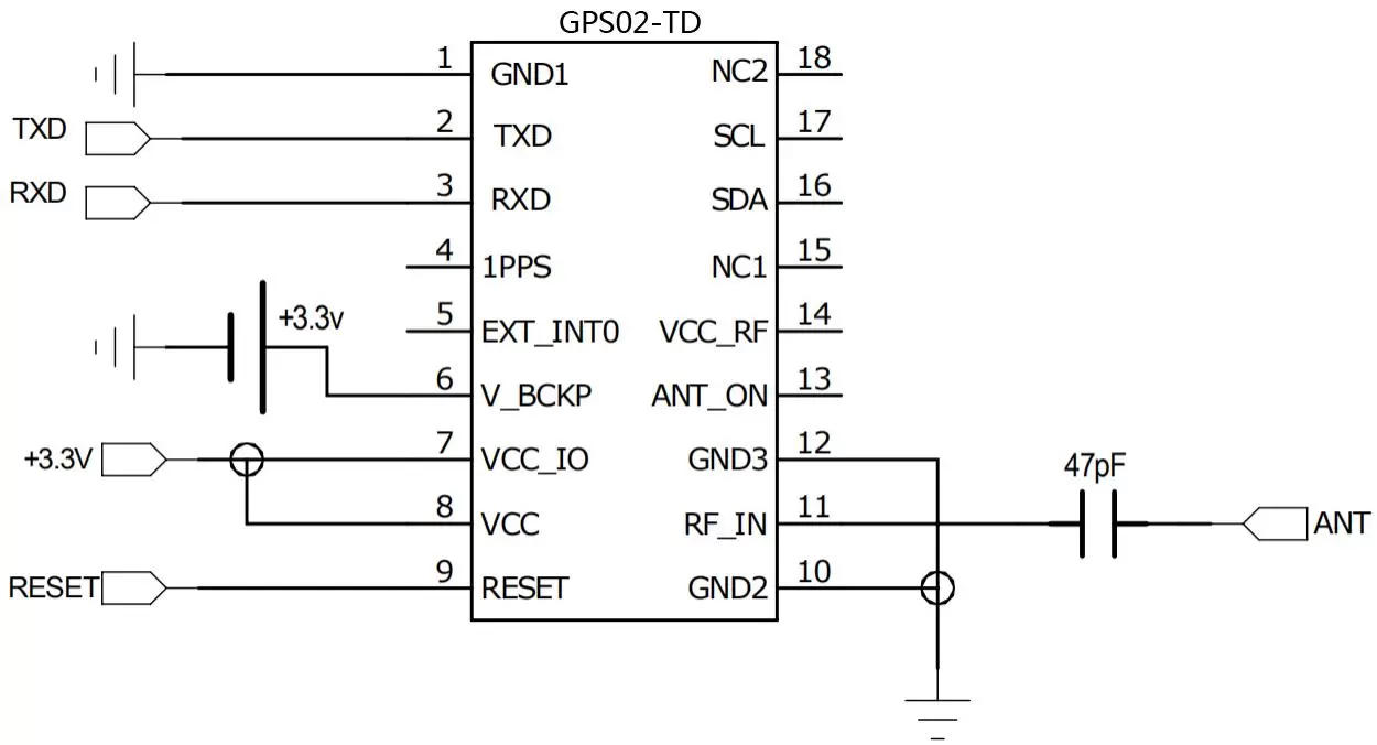 Circuit connection diagram of passive antenna for GPS module GPS02-TD