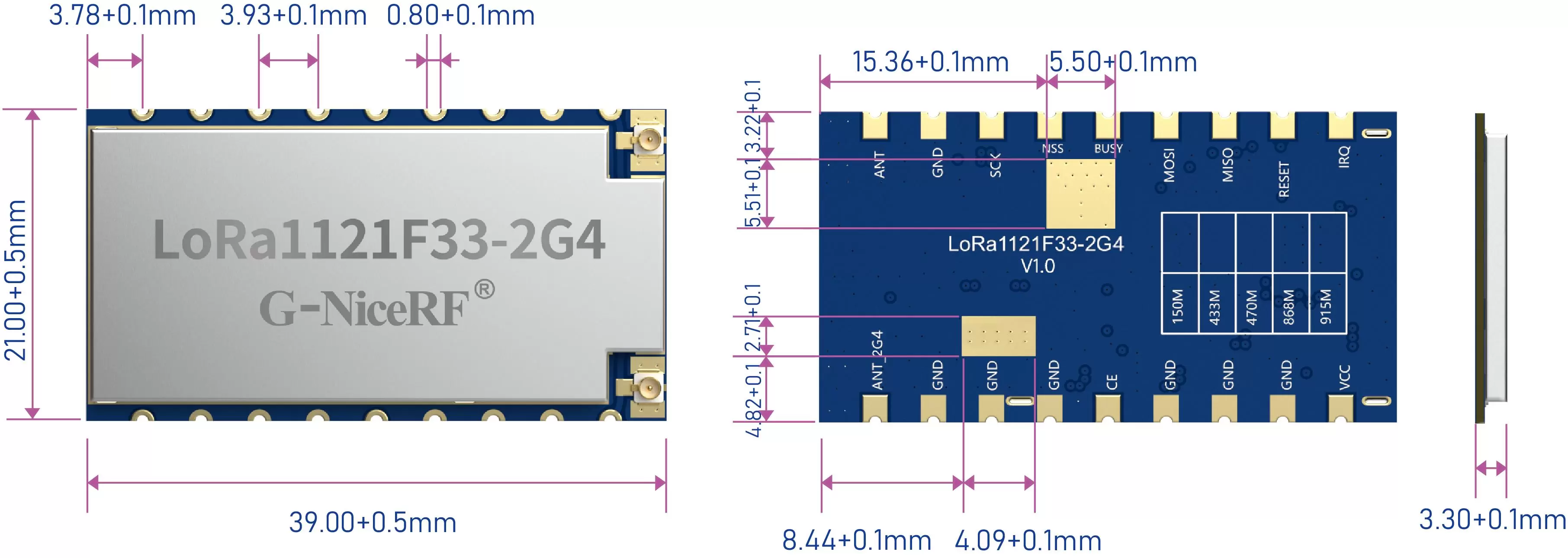 Size diagram of the LR1121 lora module LoRa1121F33-2G4