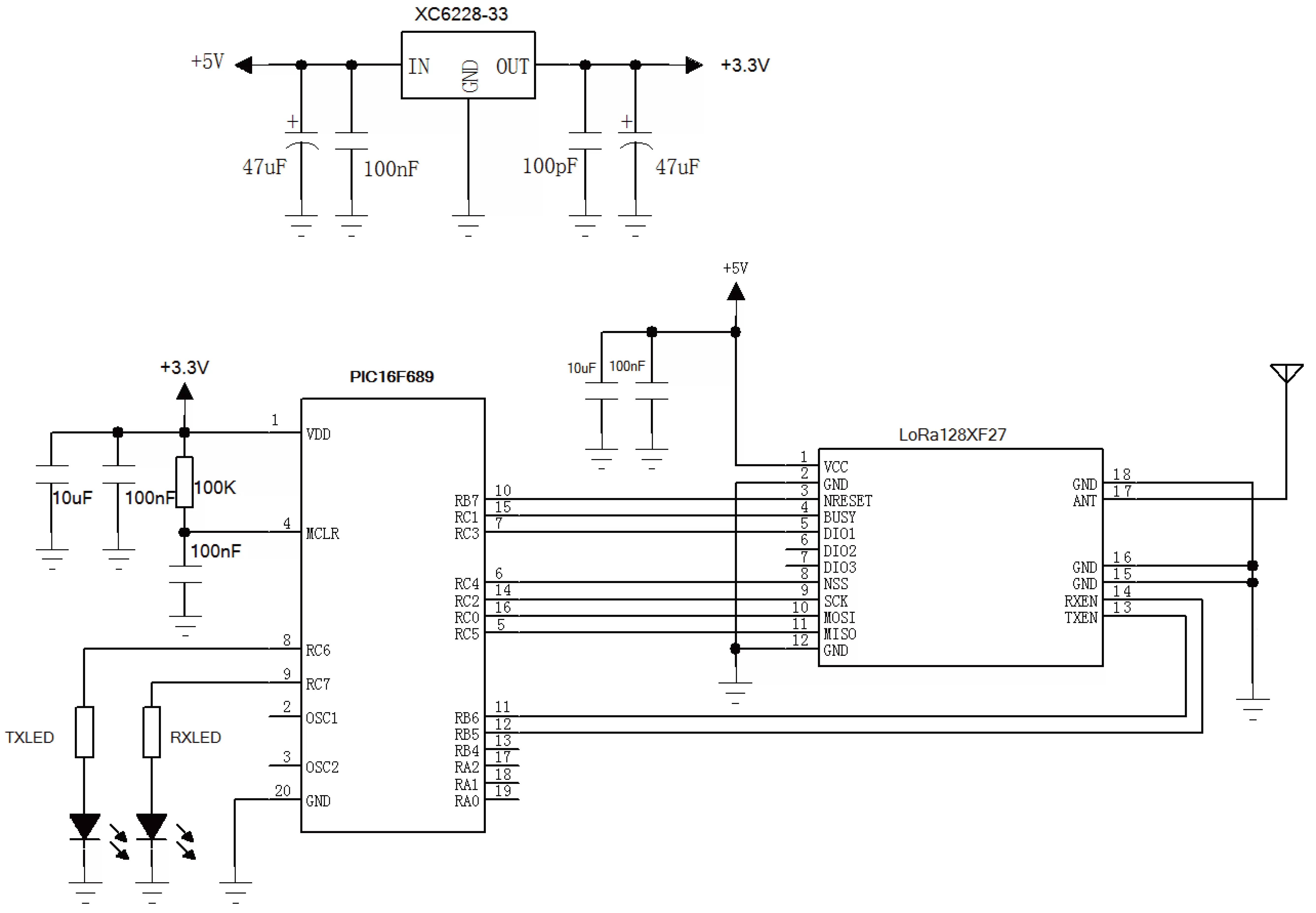 Application circuit of 2.4GHz 500mW LoRa wireless module LoRa1280F27 