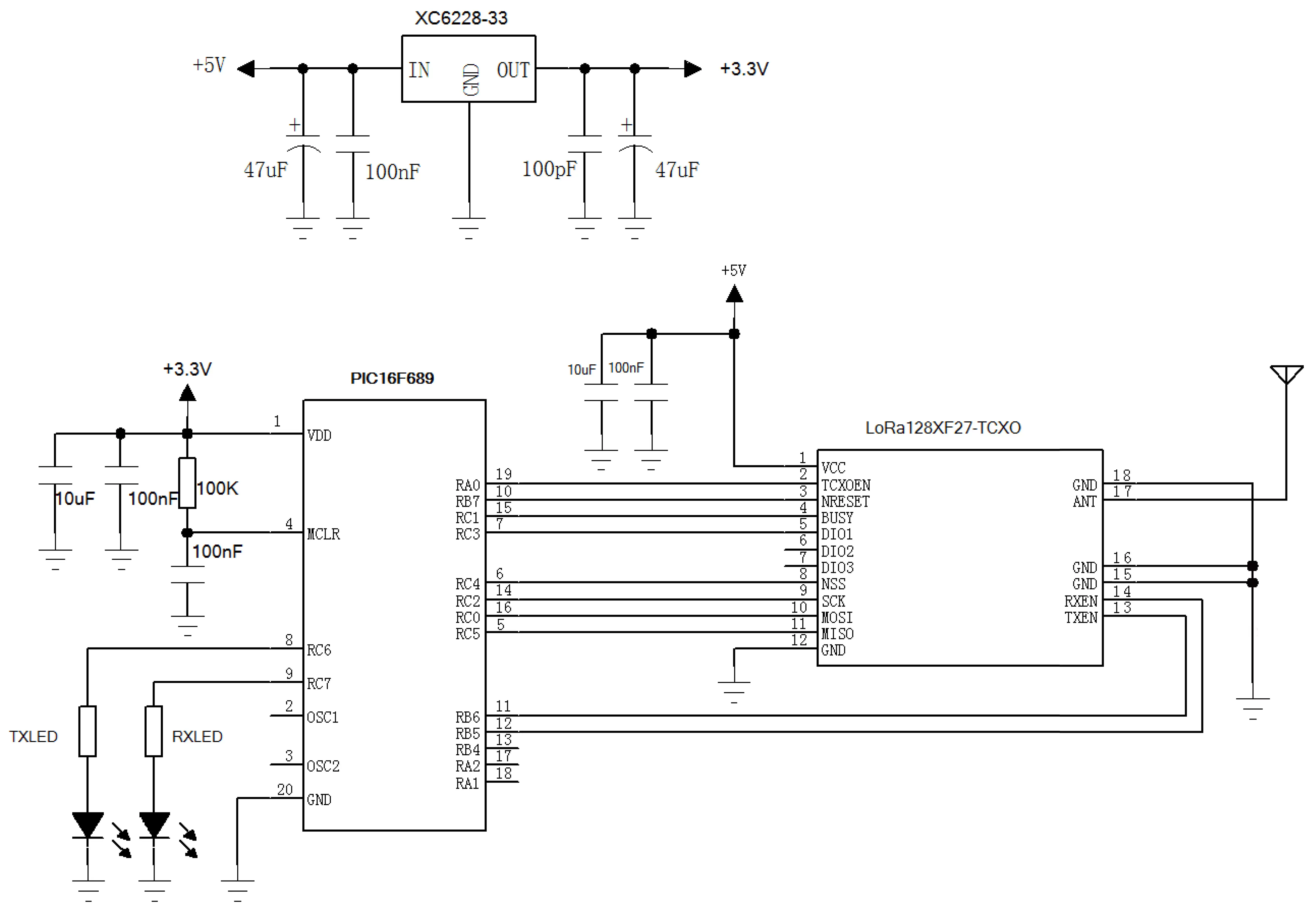Application circuit of wireless RF module LoRa1280F27-TCXO