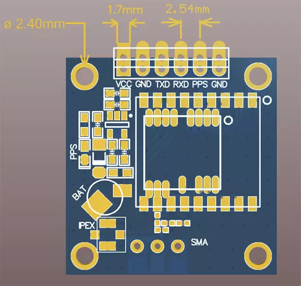 Mechanical dimensions of the GPS module GPS03