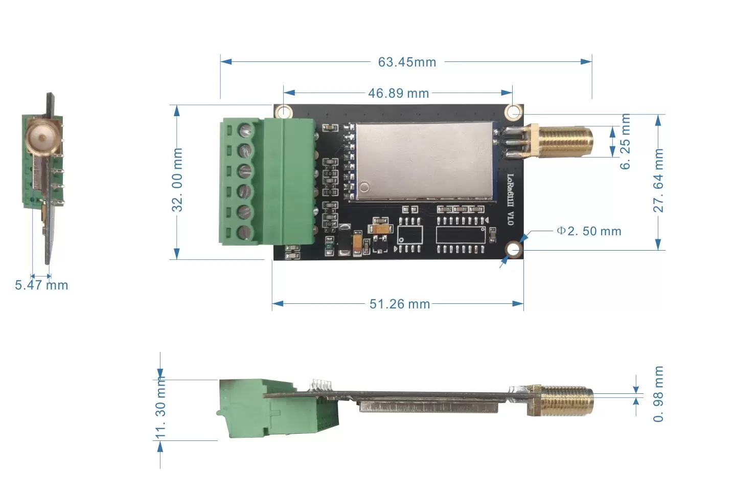 Mechanical dimensions of wireless module LoRa611II