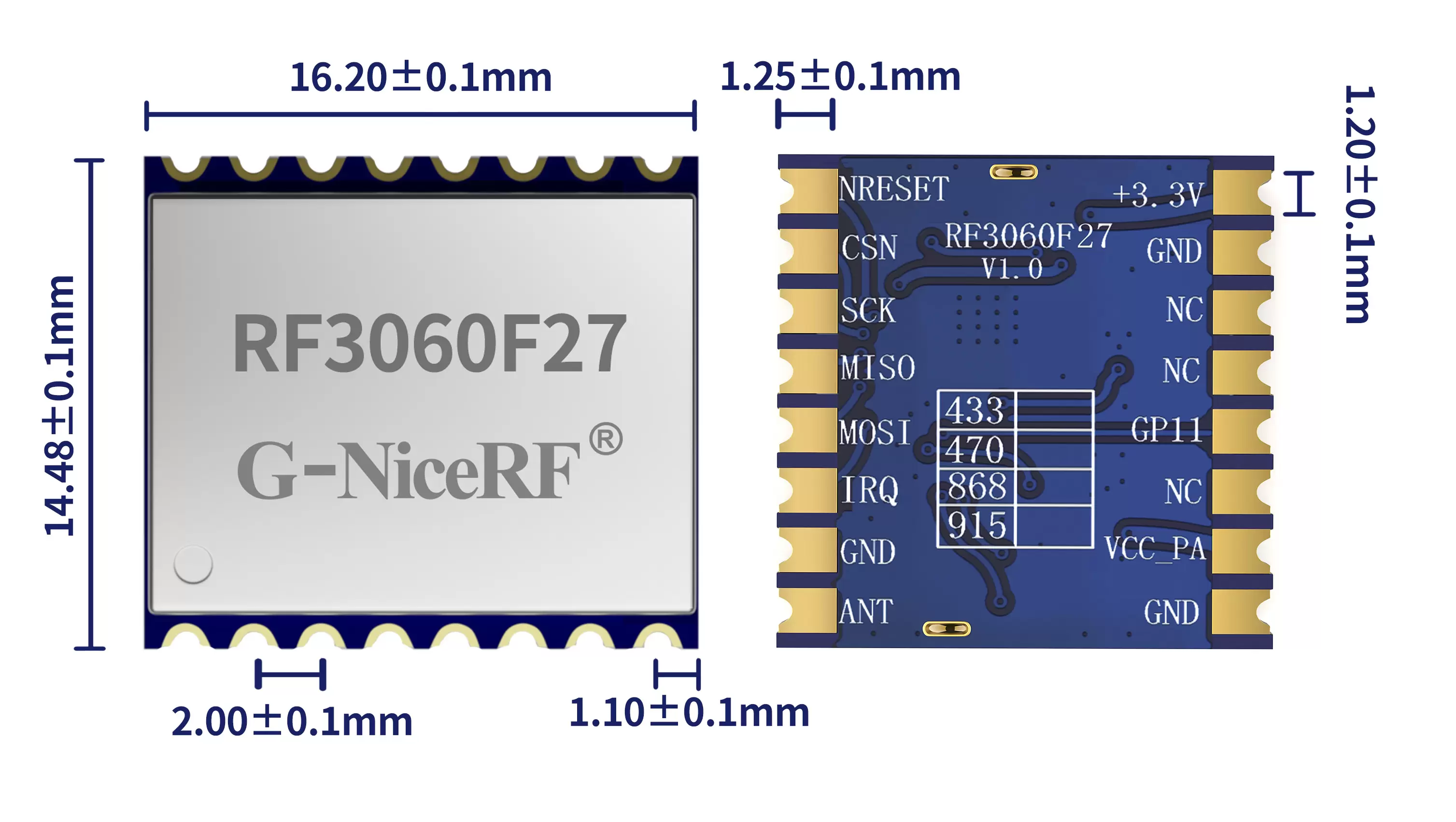 Mechanical dimensions of the wireless communication module RF3060F27