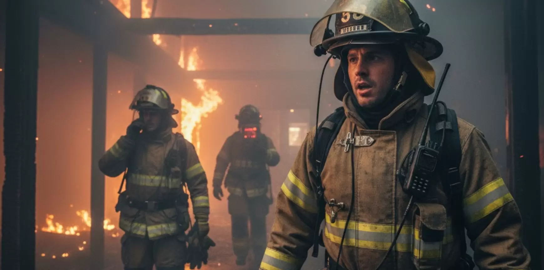 Firefighters walking through a burning building holding a radio.