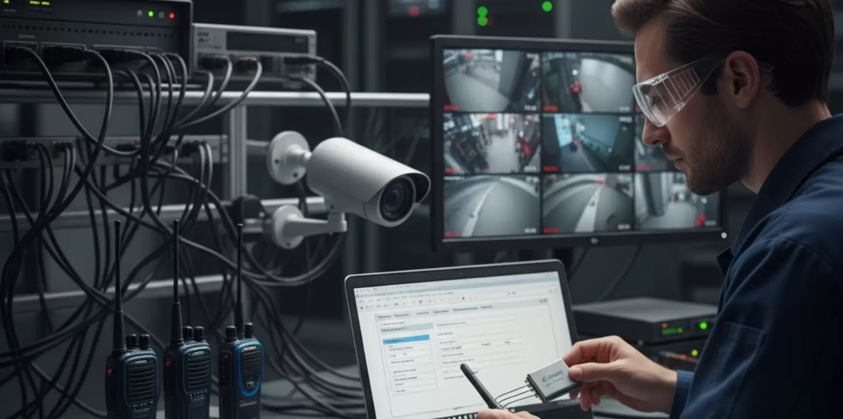 Technician integrating full duplex audio modules with a CCTV system.