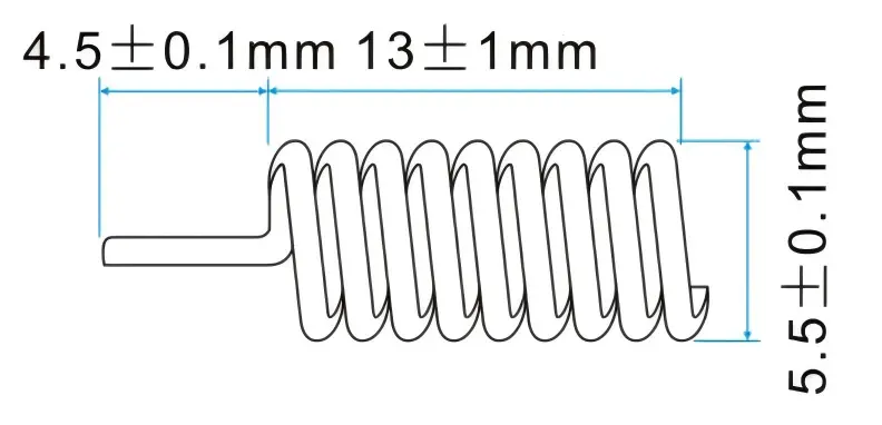 Mechanical dimension drawing of the copper spring antenna. It shows the coil length as 13±1mm, the soldering leg length as 4.5±0.1mm, and the outer diameter as 5.5±0.1mm.