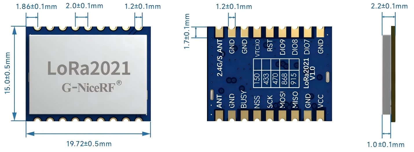 G-NiceRF LoRa2021 module dimensions and side profile (19.72 × 15.0 × 2.2 mm)