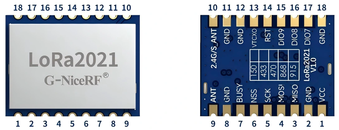 LoRa2021 module pin numbering diagram (front and back views, 18 pins)