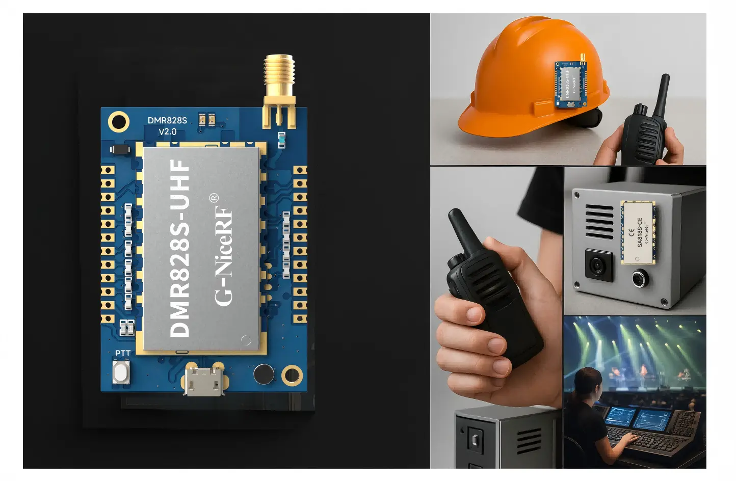 DMR828S embedded intercom module and example applications including helmet integration, handheld PTT, and control console