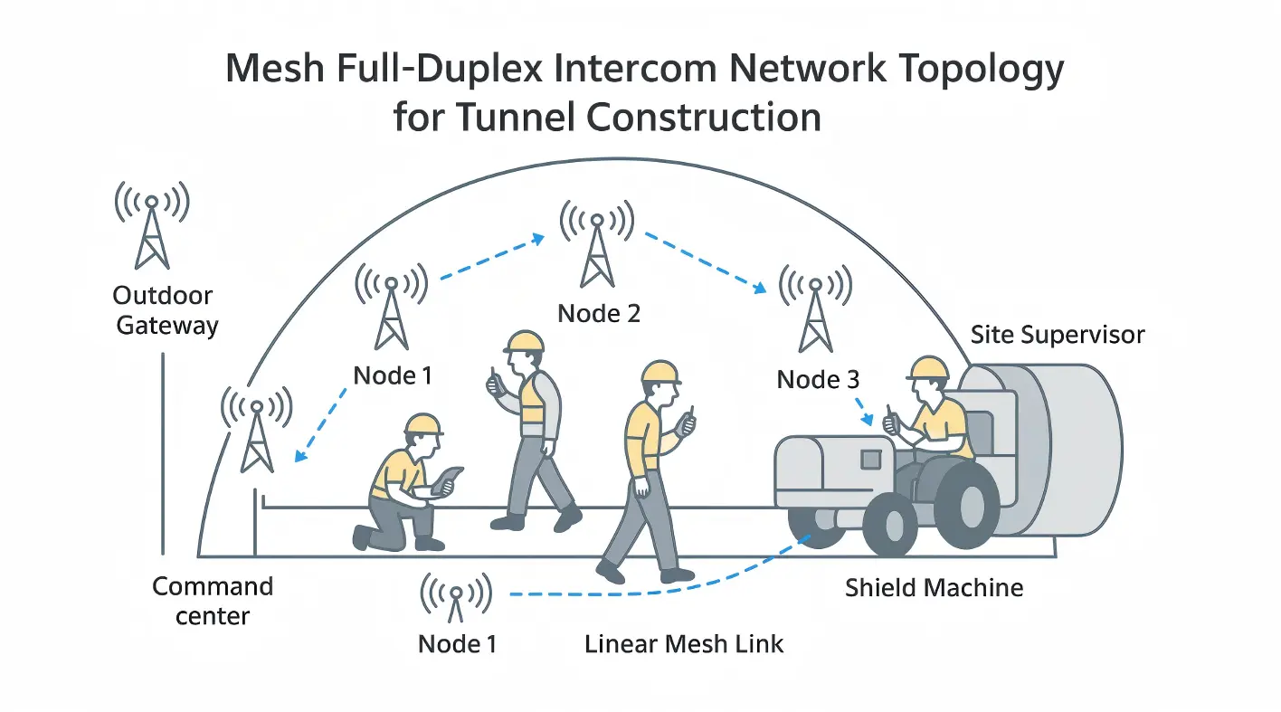 Linear Mesh full-duplex intercom network topology for tunnel construction with relay nodes, supervisor, and command center