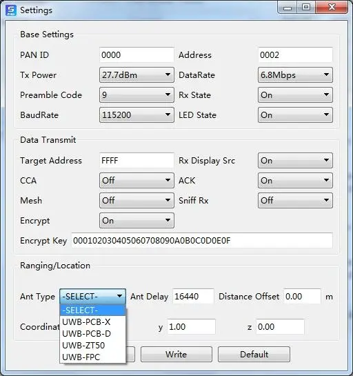 UWB650 PC configuration software settings screen (antenna type selection and antenna delay)