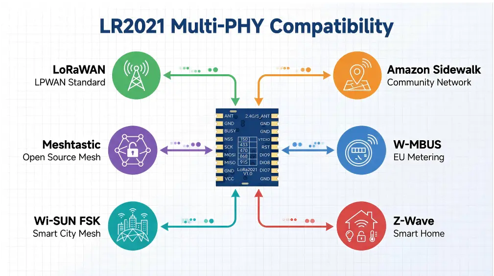 Multi-protocol ecosystem illustration linking LoRaWAN with W-MBUS,Wi-SUN FSK,Sidewalk and Meshtastic