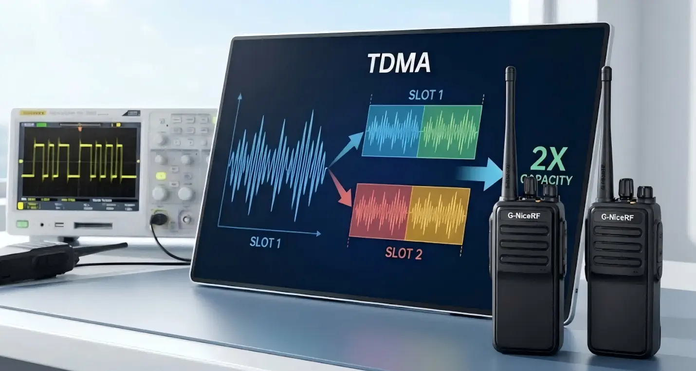 A two-way radio with the G-NiceRF DMR828S module, showing the Smart TDMA double-capacity idea.