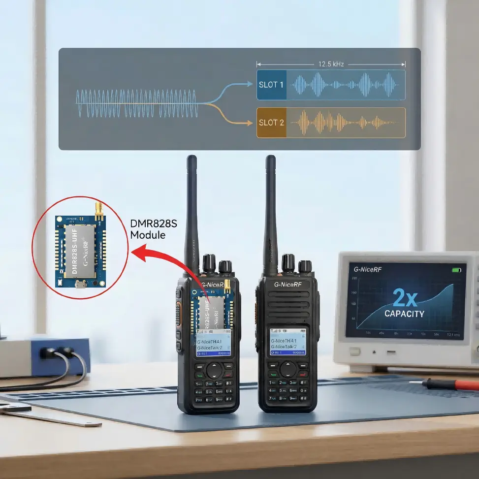 A two-way radio with the G-NiceRF DMR828S module, showing 2× TDMA capacity.