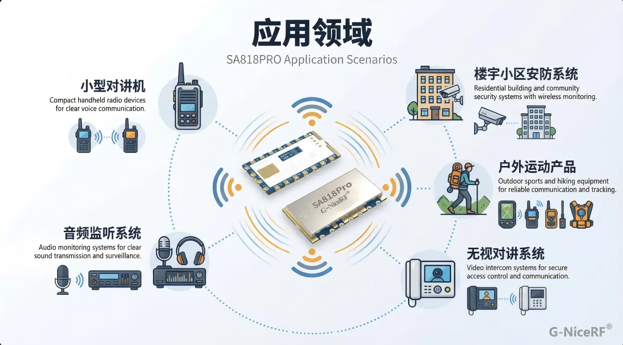 Application scenarios for SA818Pro including walkie-talkies and security systems