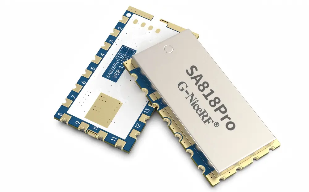 SA818Pro module front and back view showing shield and pins