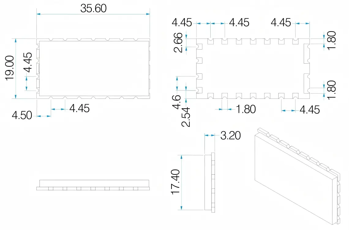 Mechanical dimensions and technical drawing of SA818Pro module