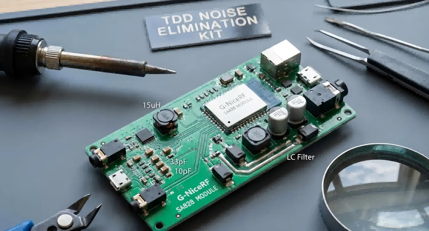 A modified G-NiceRF walkie-talkie module to eliminate TDD noise.
