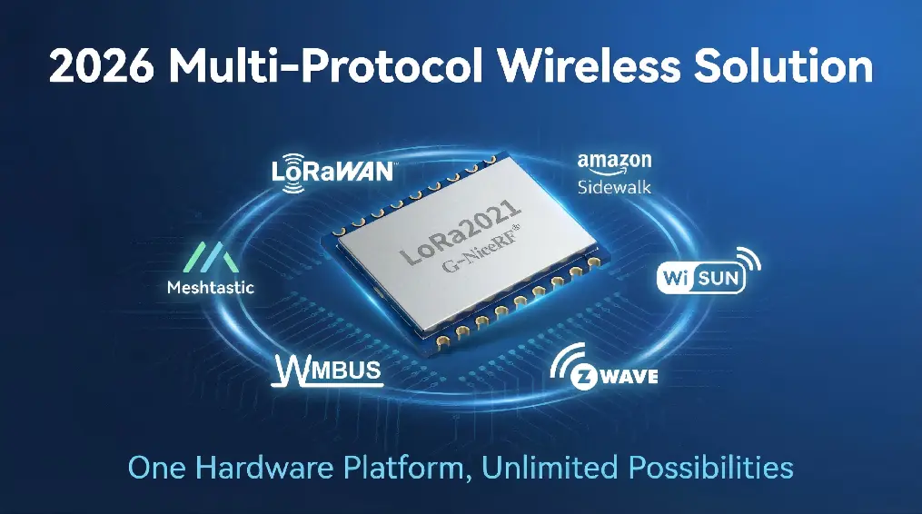 2026 Multi-Protocol Wireless Solution diagram showing LoRa2021 module supporting LoRaWAN, Amazon Sidewalk, Wi-SUN, Z-Wave, and Wireless M-BUS.