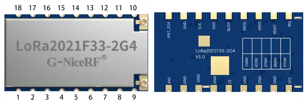 LoRa2021F33-2G4 module top and bottom views, showing metal shield, antenna ports, and pin labels (SPI, RESET, IRQ, VCC, GND).