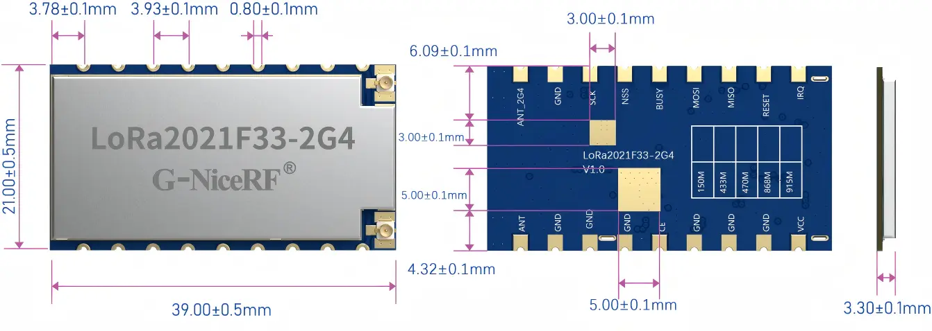 LoRa2021F33-2G4 mechanical dimensions drawing (39.0 × 21.0 × 3.3 mm) with pad spacing and side profile measurements.