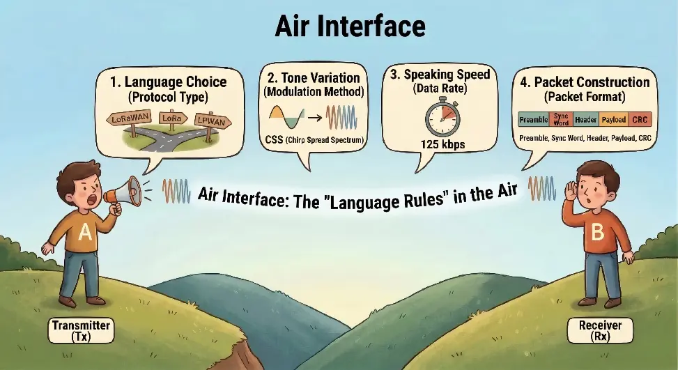 Air Interface concept diagram illustrating LoRa signal transmission rules through the air
